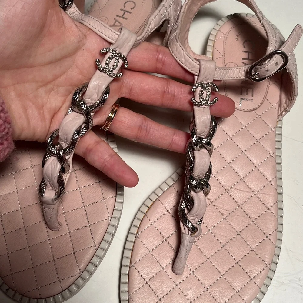 CHANEL Light Pink Quilted Sandals with Silver Accents